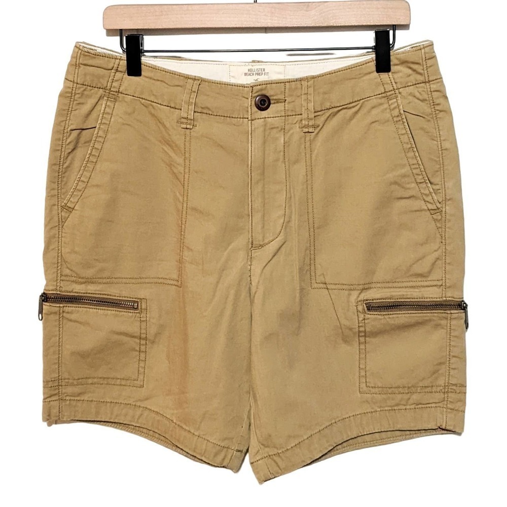 Hollister Mens Beach Prep Fit Cargo Shorts Size 31 Tan Khaki Chino Zip Pockets